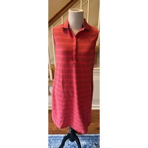 Lands End Women Sleeveless Polo Dress Coral Pink Navy Polka Dot Stripe Med 10-12